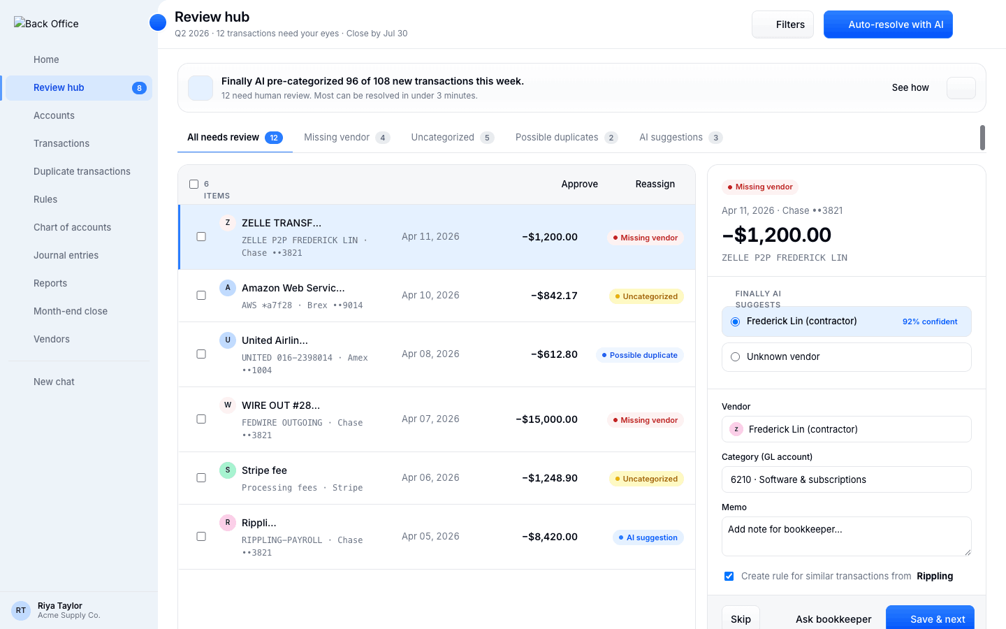 Back Office Review hub — transactions that need human review